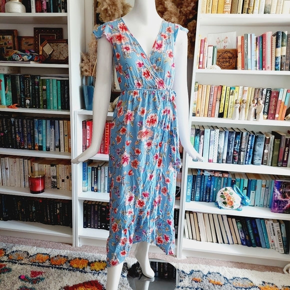 Band of Gypsies BOG Collective Blue Floral Print Boho Wrap Maxi Dress P4935 - Picture 1 of 12